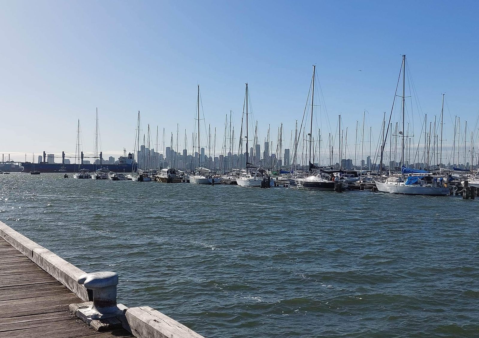 Yacht masts at Williamstown marina with the Melbourne skyline on the horizon